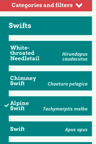 Screenshot from the 'full list of birds' page of the Fledgling app on a small screen