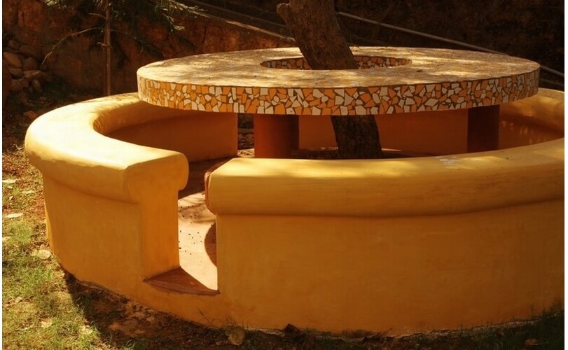 Yellow picnic table under a cashew tree