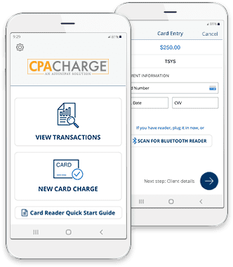 CPACharge mobile phone app featuring, view transactions, new card charge and card entry features