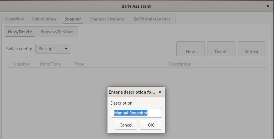 Execução de snapshot manual da Btrfs Assistant