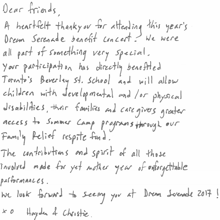 Handwritten thank you note from Hayden & Christie