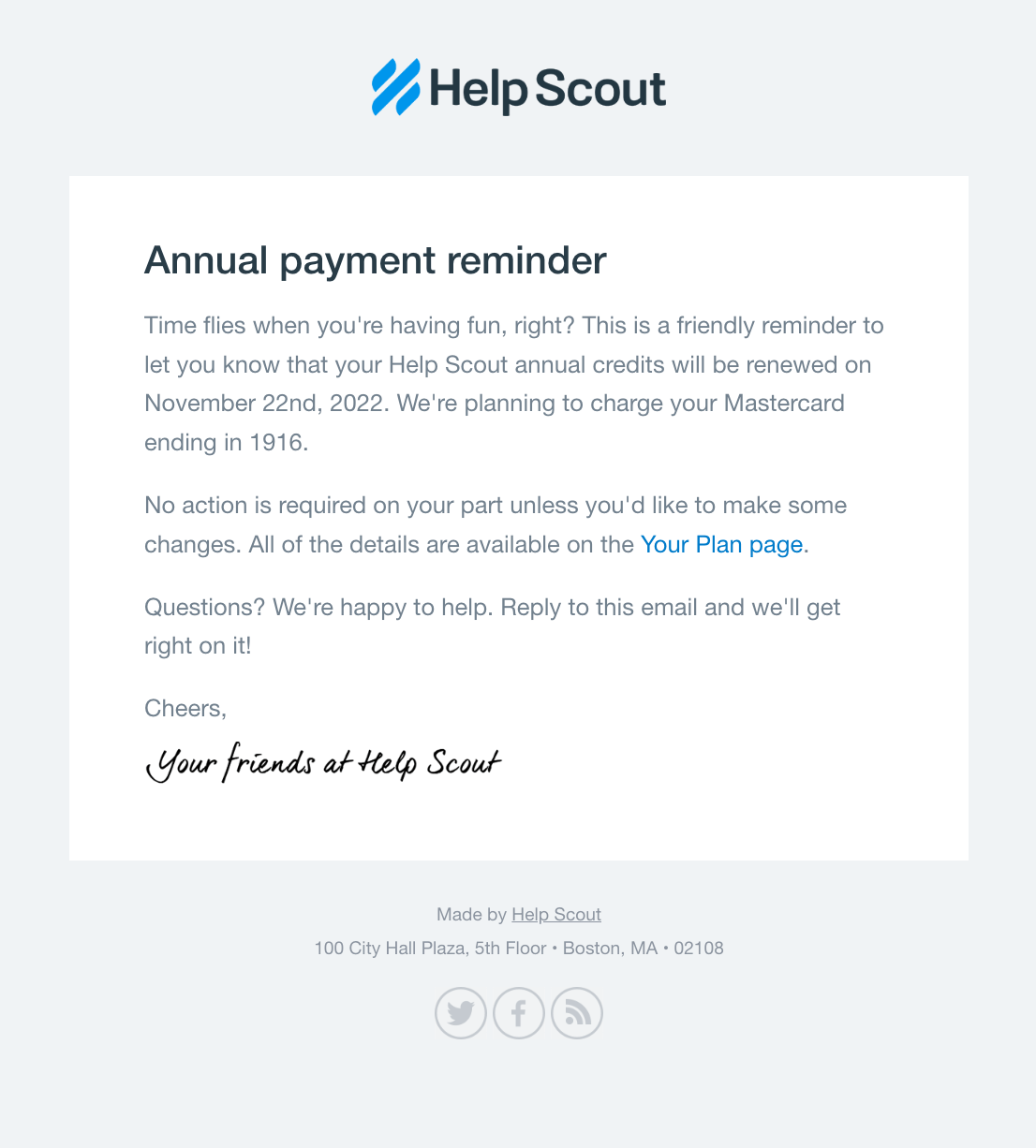 SaaS Renewal Email Examples: Help Scout's renewal email