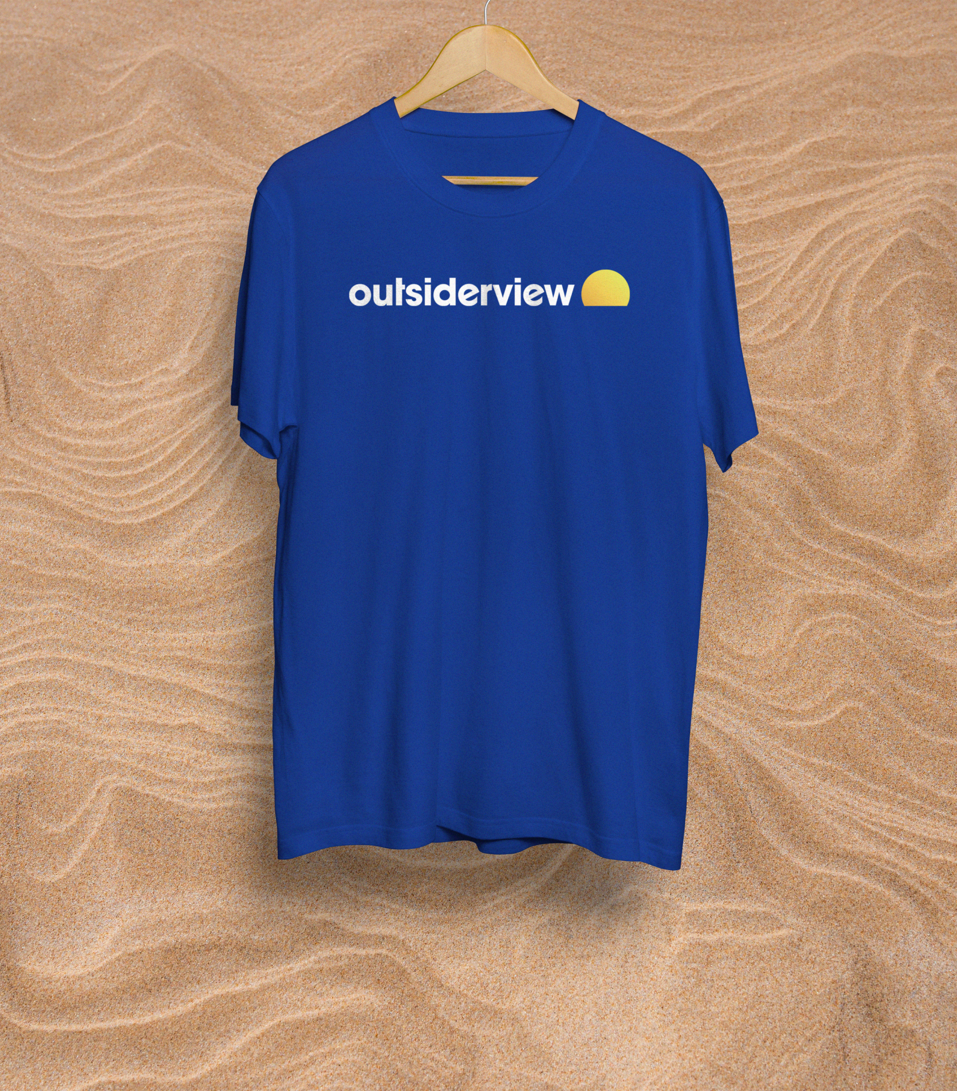 Mockup of deep blue t-shirt branded with the OutsiderView logo