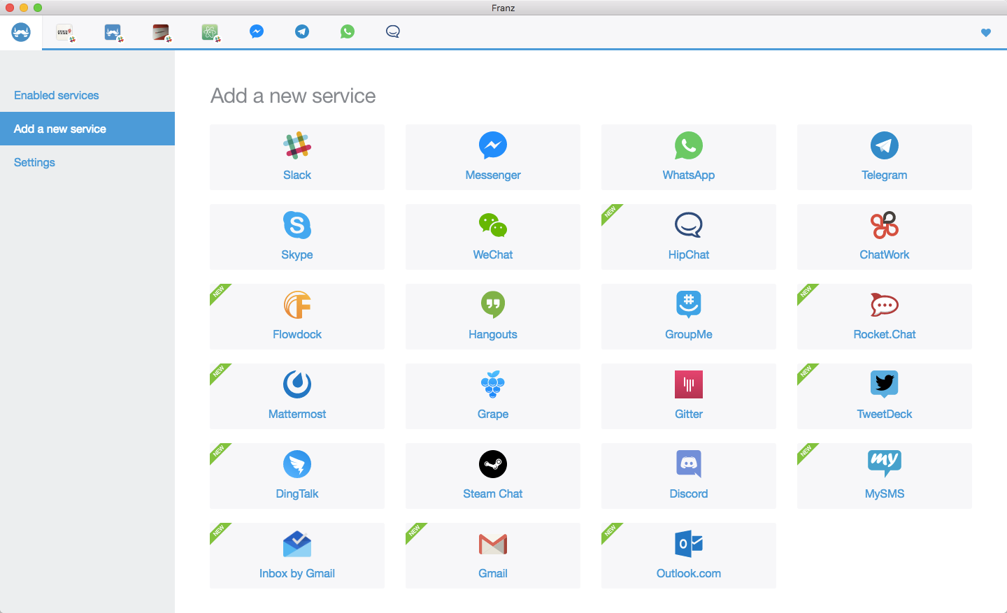 Screen shot of Franz messaging app