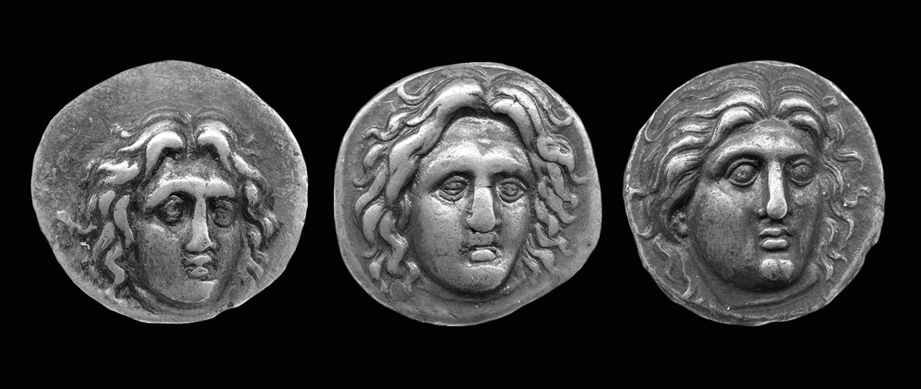 Three silver coins show a woman's face. The image varies slightly.