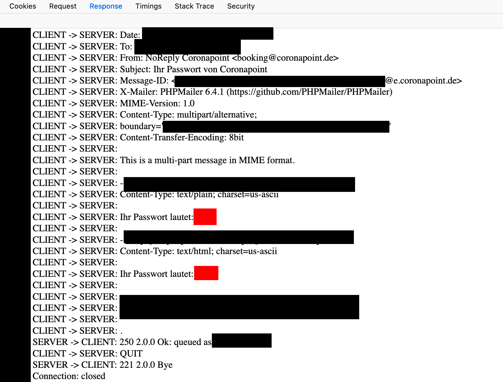 Log vom Mailversand, inklusive der Passwörter