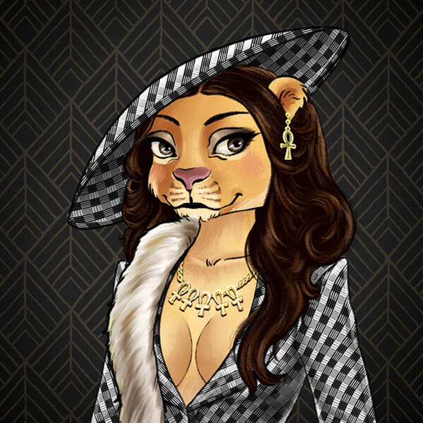 An NFT image of a female lion with tawny colored fur wearing houndstooth-patterned jacket and hat, fur trim and gold jewelry