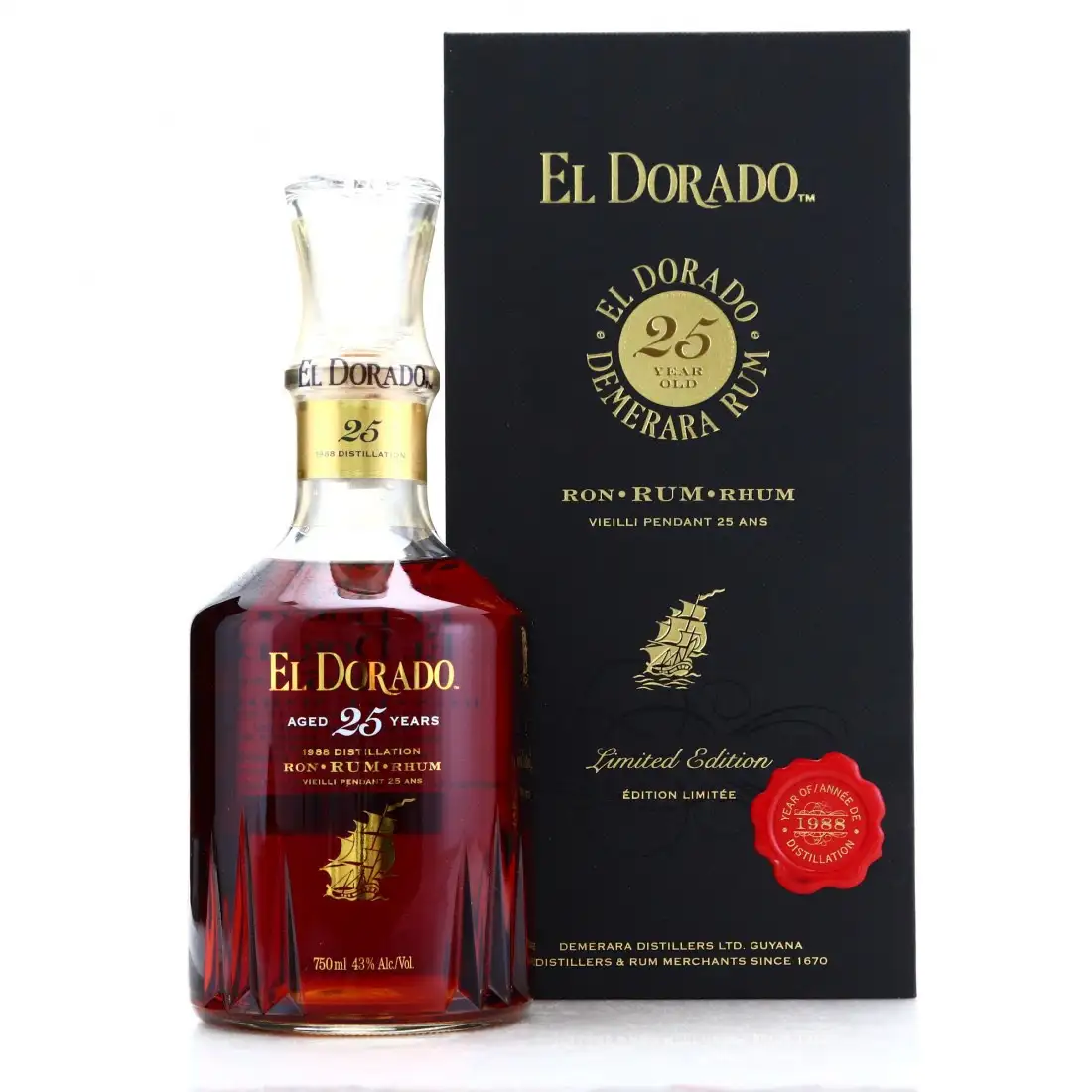 Image of the front of the bottle of the rum El Dorado 25 Grand Special Reserve
