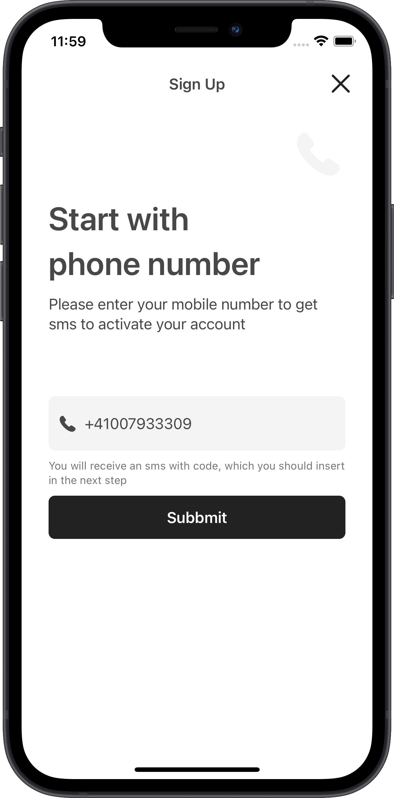 ios ecommerce app form, phone number, design