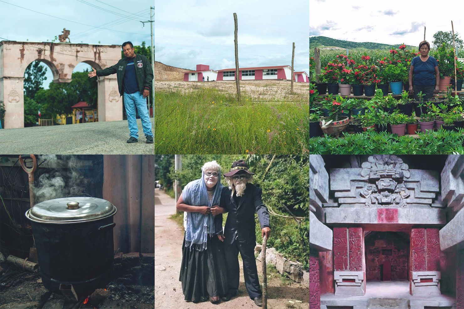 a collage of 6 images showing suchil’s pink quarry arch, jose vasconcelos school, enoc’s mother at her farm, stew cooking in a pot, costumed comparsa members, and cerro de la campana archeological site