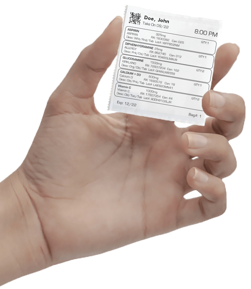 Hand holding a personalized  medication pack called SyncRx from Gibson Pharmacy