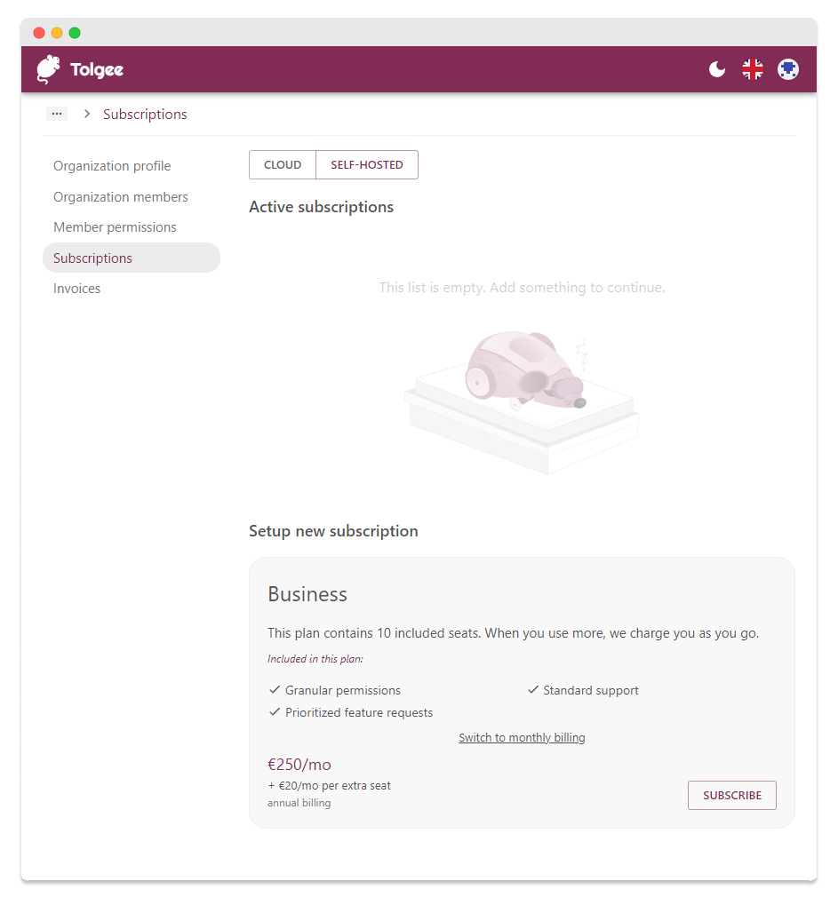 Subscription page on Tolgee Cloud