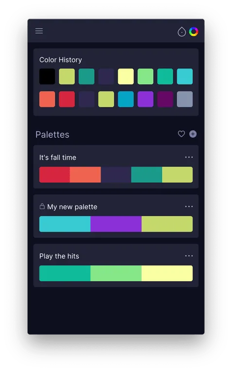 Swach in dark mode showing the palettes screen
