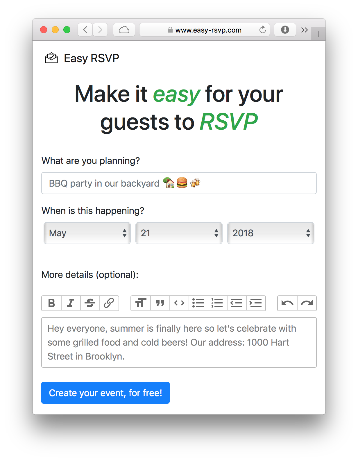 Easy RSVP homepage. 'Make it easy for your guests to RSVP. A form asks 'What are you planning?', 'When is this happening?' and 'More details (optional)'.