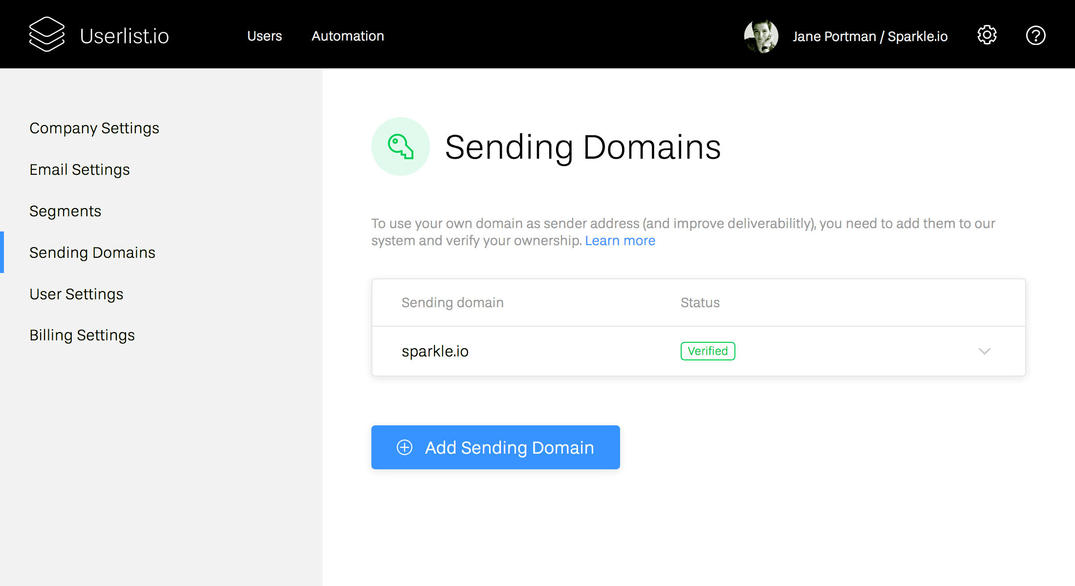 Screenshot of sending domain page on Userlist