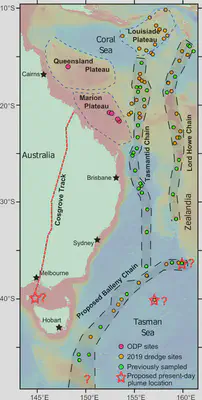 Study area showing the Tasmantid and Lord Howe age-progressive seamount chains and the onshore Cosgrove Track. Green dots are previously sampled locations. Orange dots are samples to be collected on the voyage.