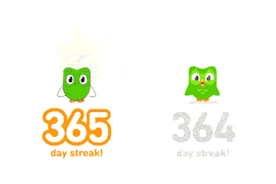 In Duolingo, after passing a 365 streak, a green bird named Duo jumps and spins until turned into a firey pheonix