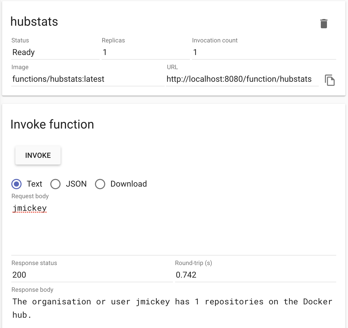 Hubstats Function Invocation for Jmickey Docker Hub Stats Function Invokation from the OpenFaaS UI