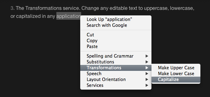 the Transformations context menu in OS X