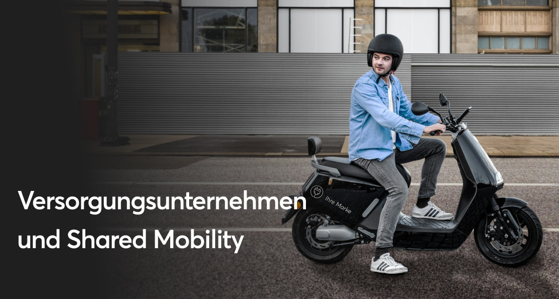 Template titled "Versorgungsunternehmen und Shared-Mobility" featuring a caucasian male sitting on an e-moped.