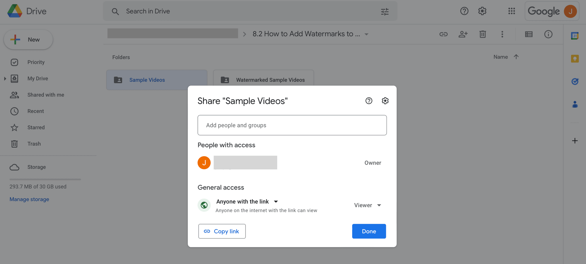 Screenshot of Google Drive folder general access settings