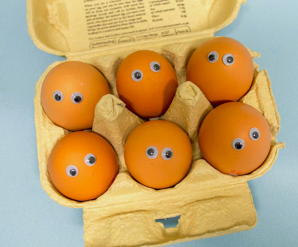 eggs in a carton with googly, glued-on eyes