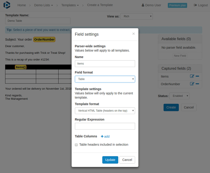 Just select the whole table, create a field as usual and then mark it as a table field
