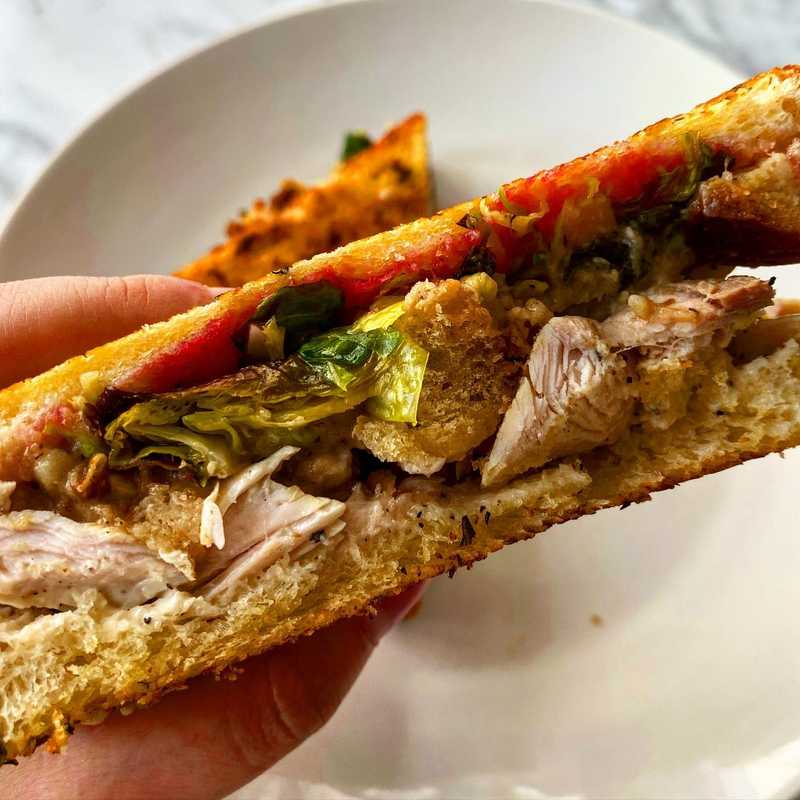 The smartest thing I did this year was think ahead to the leftovers and bake a loaf of sandwich bread. Turkey, mashed potato, lemon aioli, Brussels sprouts…