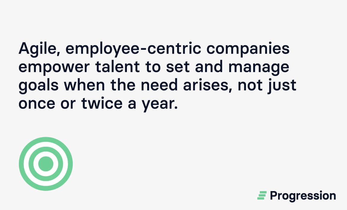 Graphic explaining how employee-centric companies empower talent all the time not once or twice a year