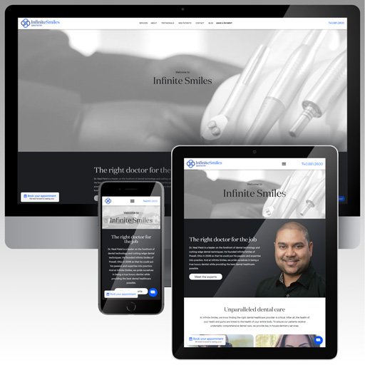 A website for a boutique dental practice is shown on a desktop PC, a tablet, and a phone screen.
