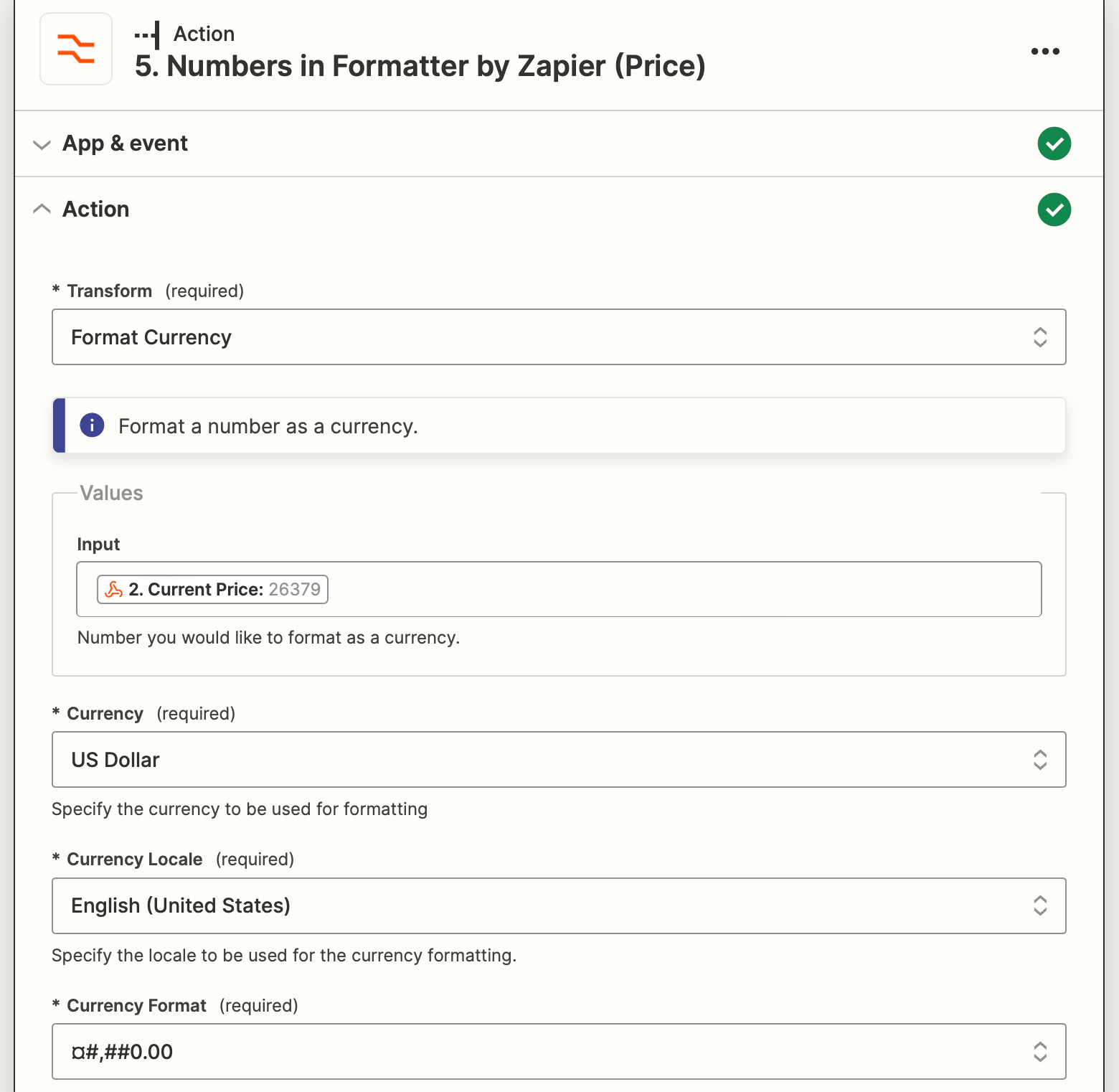 Screenshot of Zapier Formatter by Zapier Numbers action (Price)