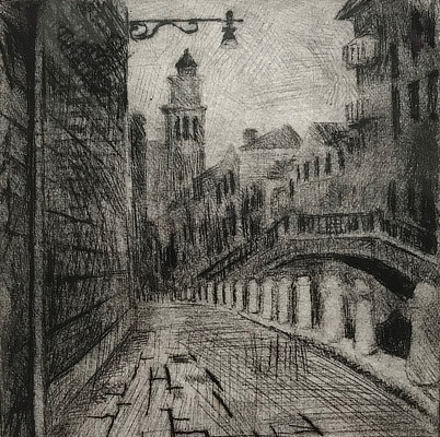 etching of Venice architecture and waterway