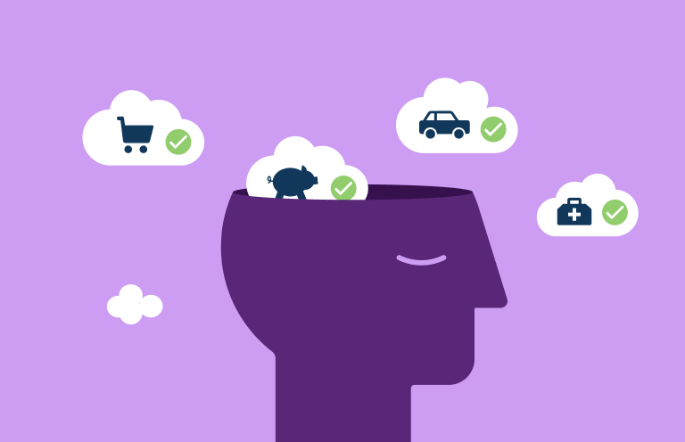 Illustration of a person's head with thought bubbles representing financial stressors: groceries, car, savings, medical
