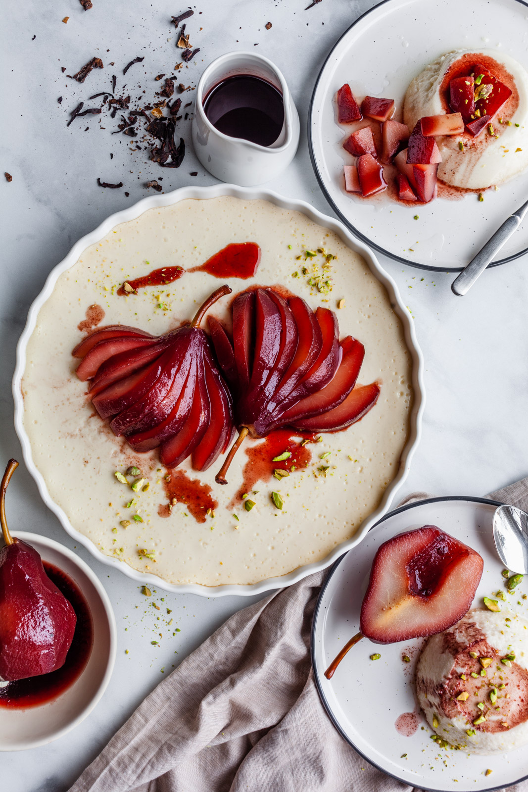 Baked Vanilla Yoghurt With Hibiscus Poached Pears Olive Mango