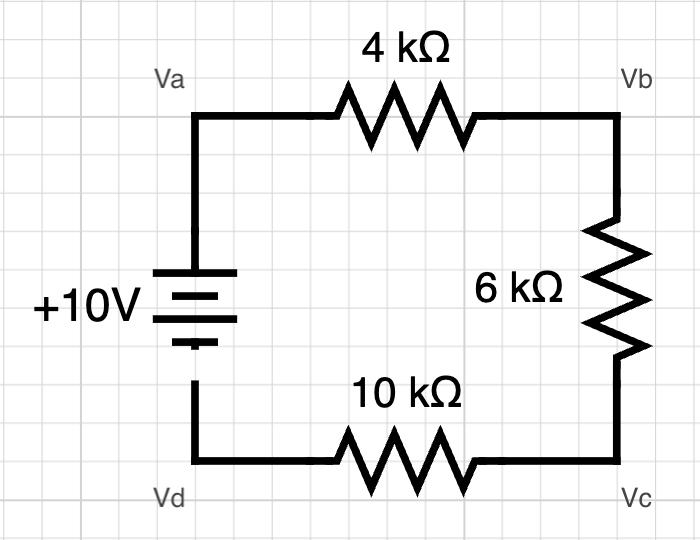 Electronic schematics showing a more complex circuit with a 10V battery and 3 resistors in series. First a 4kΩ resistor, then a 6kΩ resistor and finally a 10kΩ resistor.