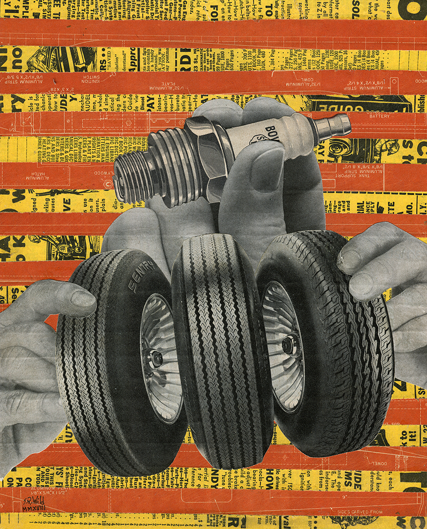 A pair of hands holding three tires with another, larger hand behind the tires holding a sparkplug. Back ground is alternating strips of yellow and reddish orange magazine ads.
