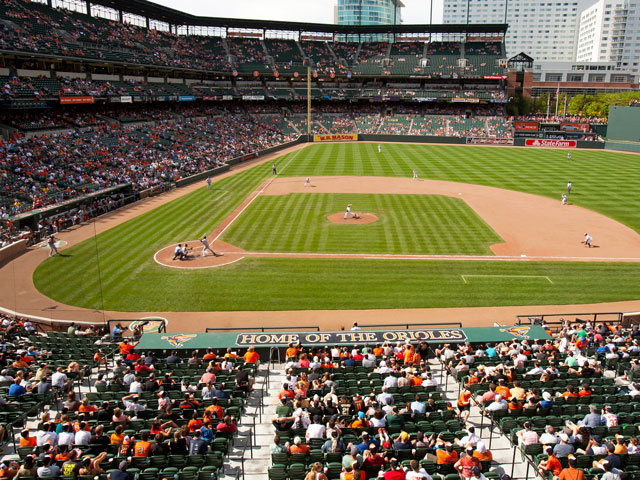 A pro baseball game being played at Oriole Park at Camden Yards in Baltimore, Maryland
