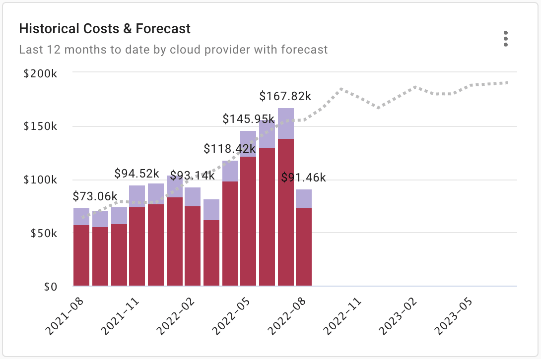 Historical Costs &amp; Forecast report widget on the Pulse dashboard.
