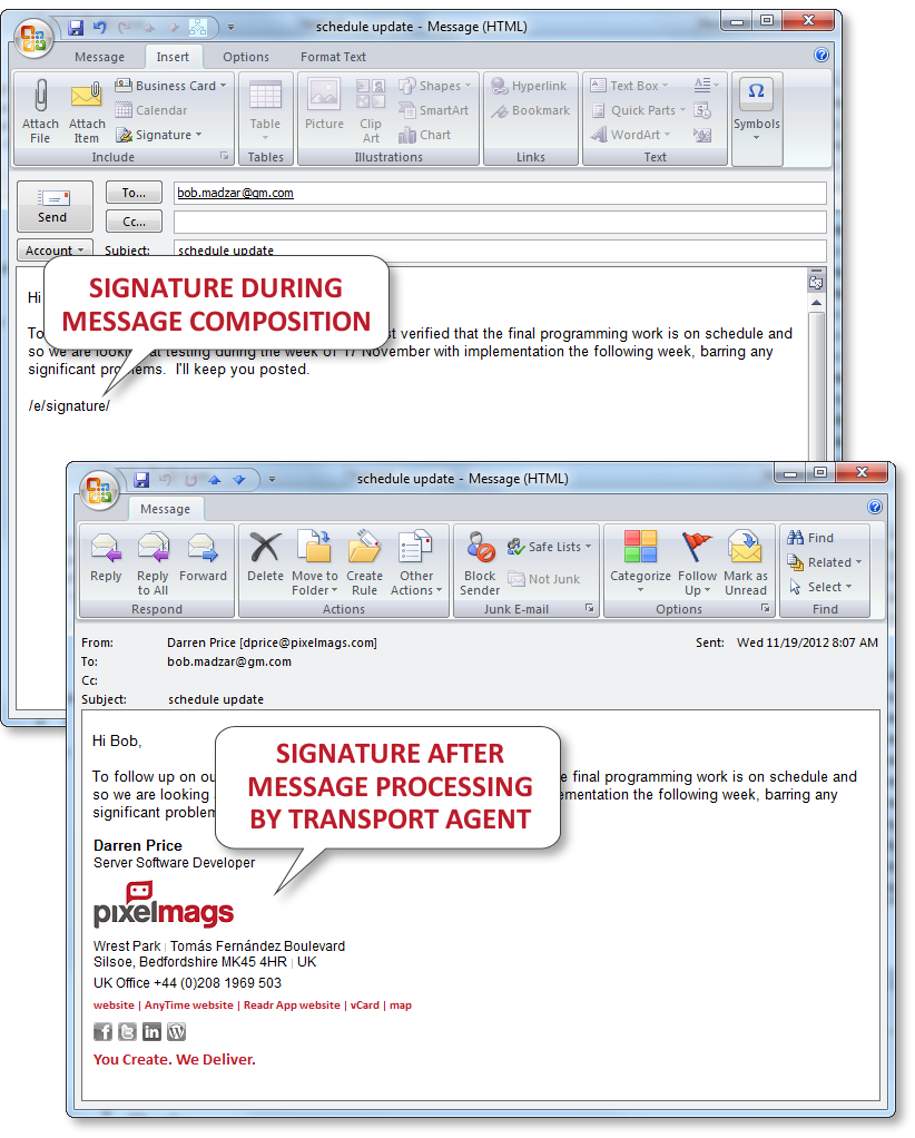 email signatures pre and post transport agent