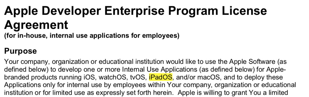 iPadOS in Apple Developer Program License Agreement