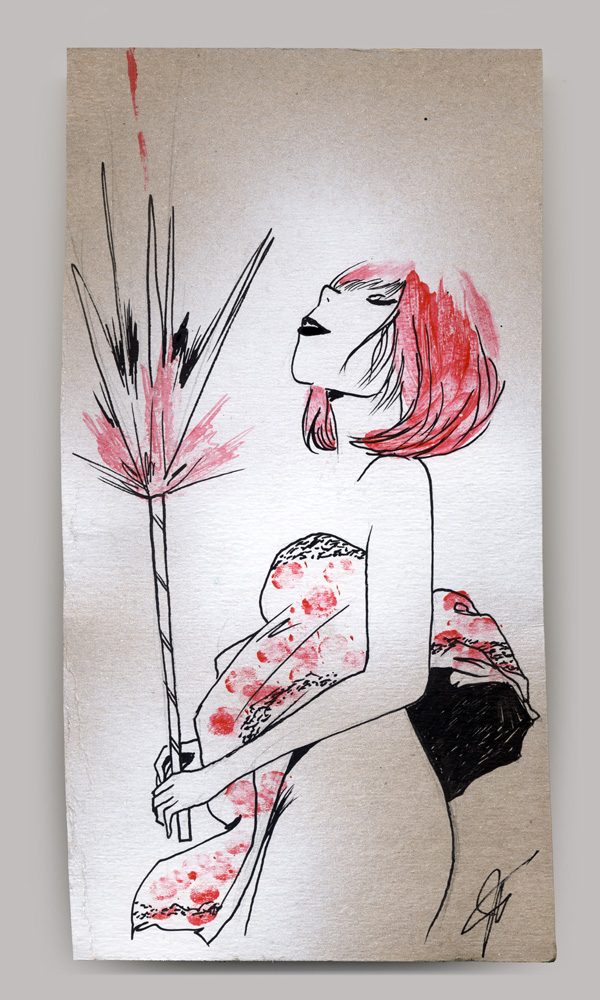 An acrylic painting on wood panel, titled 'Candy Rain', of a young woman with red-orange hair looking up as the roman handle she holding shoots into the air.