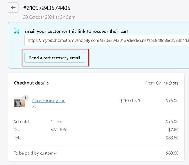 Send a cart recovery email in Shopify