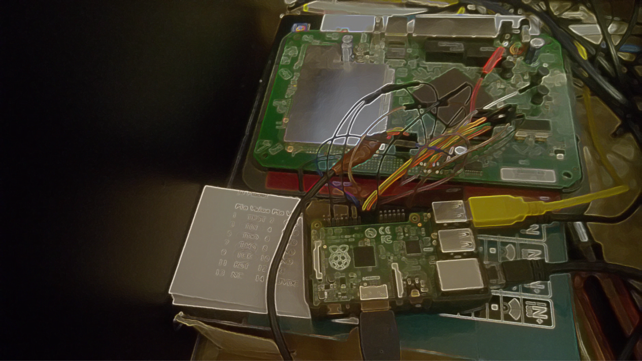 Photo with added visual effects of a Raspberry Pi with jumper wires connection the Pi GPIO header to the JTAG port on a Netgear router