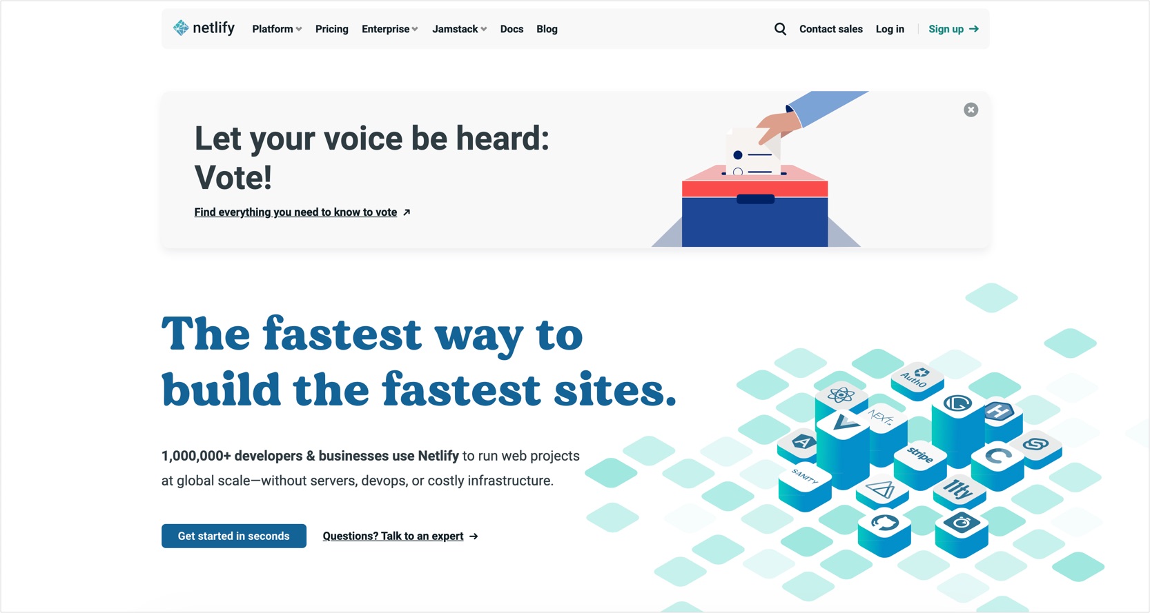 Screenshot of Netlify's US homepage with Election banner