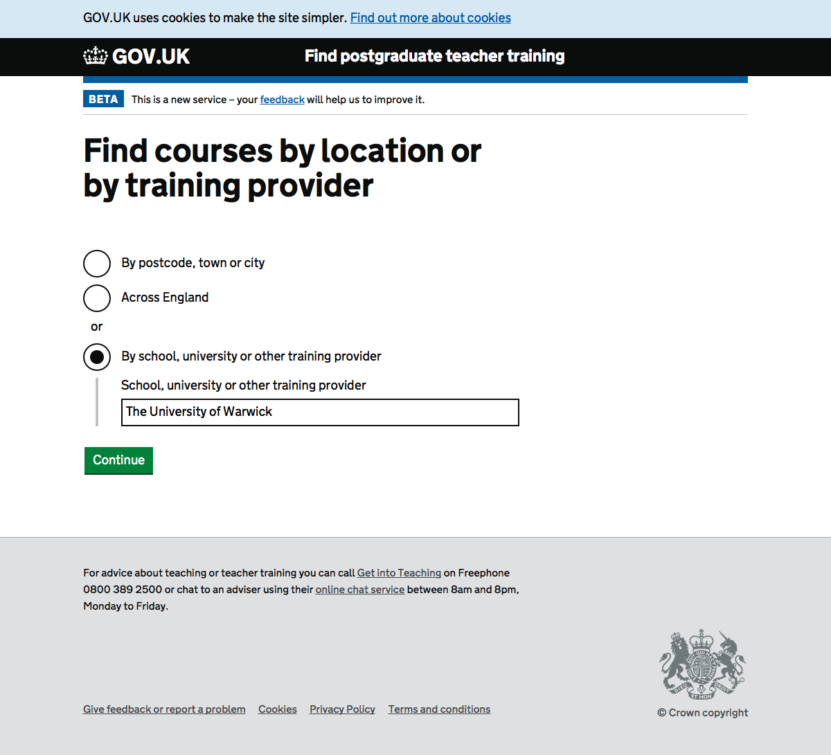 Screenshot of Find by location (provider selected)