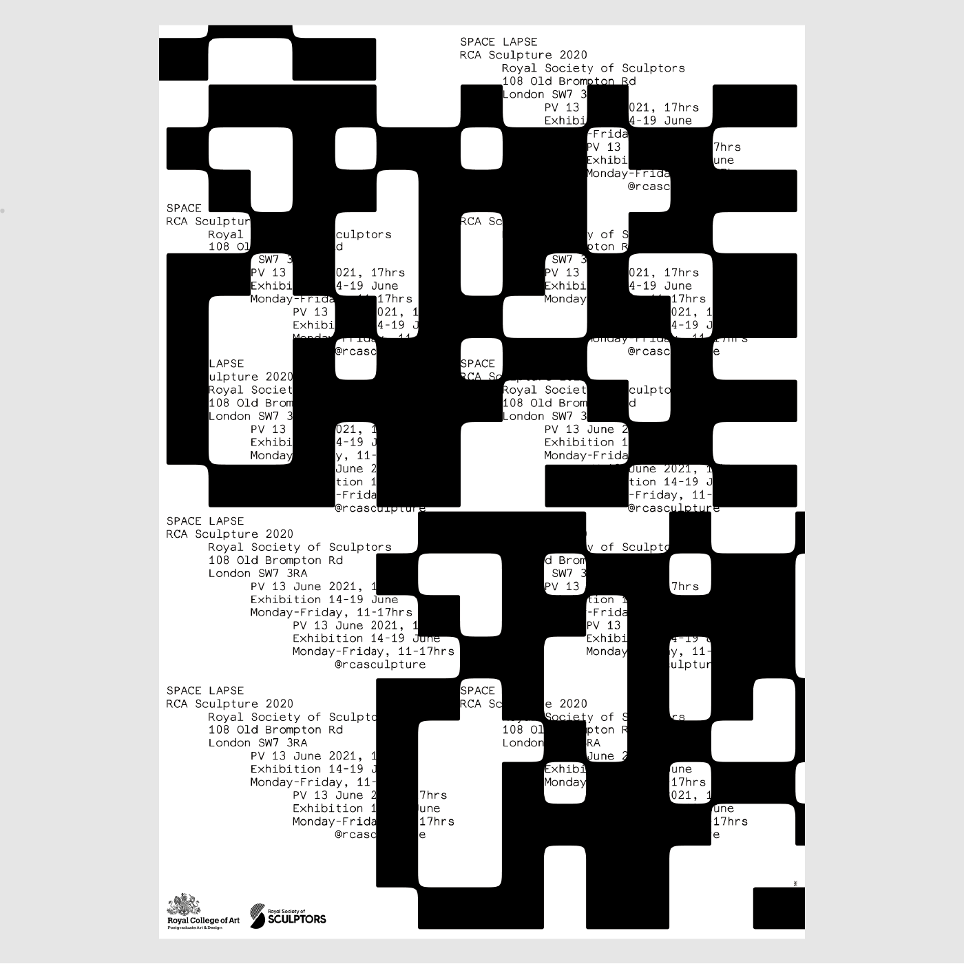 Poster with large, pixelated lettering spelling out the words 'Space Lapse' and smaller type