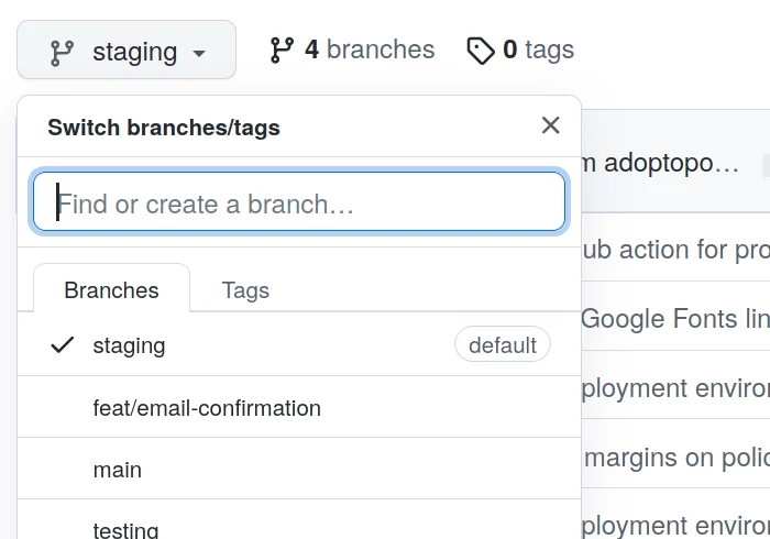 GitHub branch select button dropdown