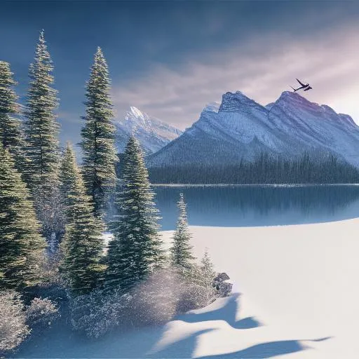 A beautiful landscape photograph of Banff mountain scenery with a plane flying in the background, snowy, cool, winter