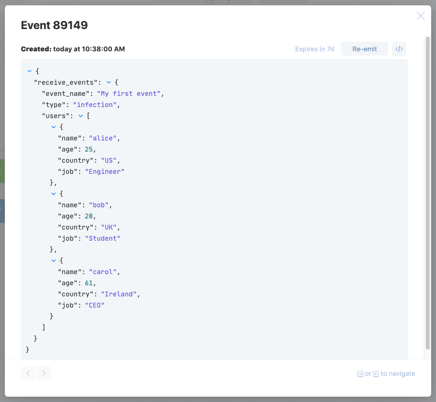 Event from Receive events action