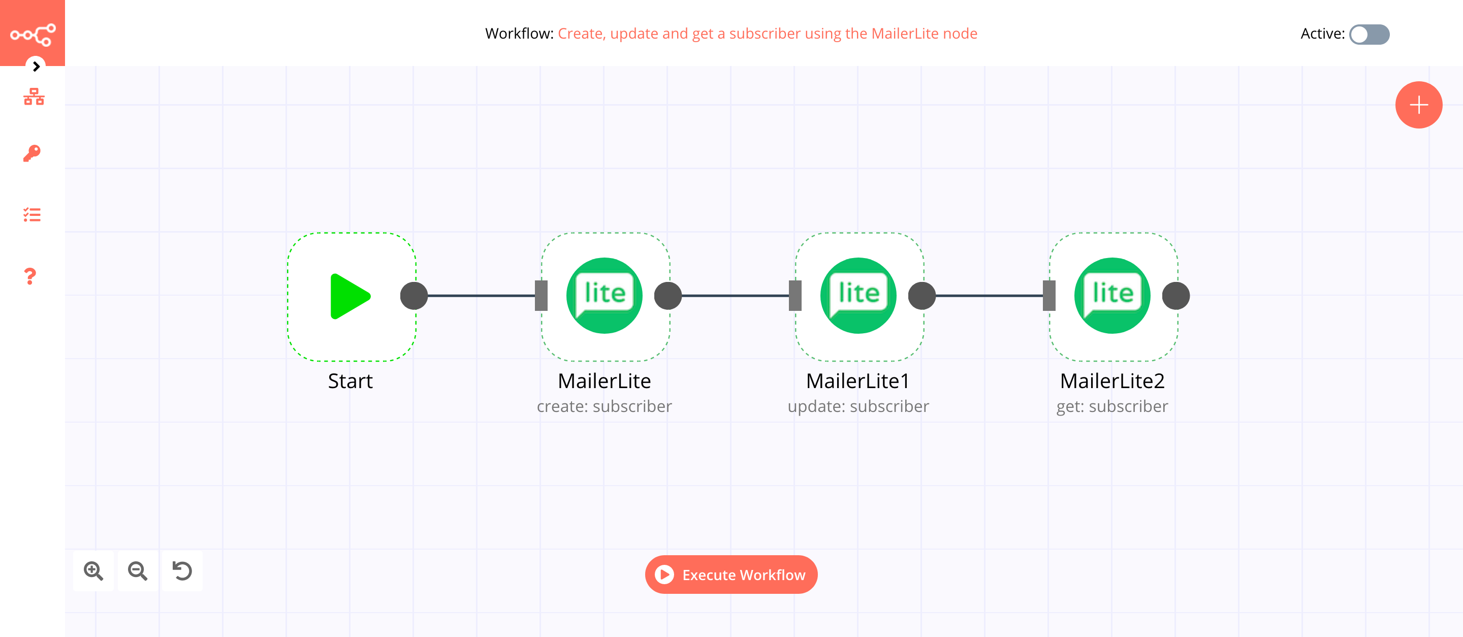 A workflow with the MailerLite node